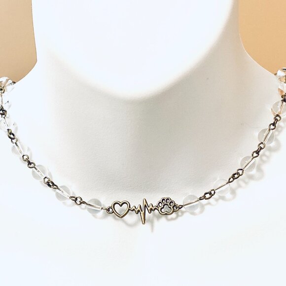 Genuine Clear Quartz Short Necklace,Bronze Paw Print Heart Beat Natural Gemstone - Picture 2 of 16